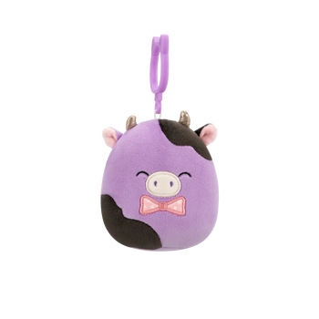 Squishmallows Przypinka fioletowo-czarna krowa z muszką Alexie, 9 cm