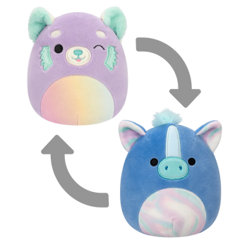 Squishmallows 2 w 1 Fioletowoczerwona panda Lexis/Niebieski hipopotam Romano, 13 cm